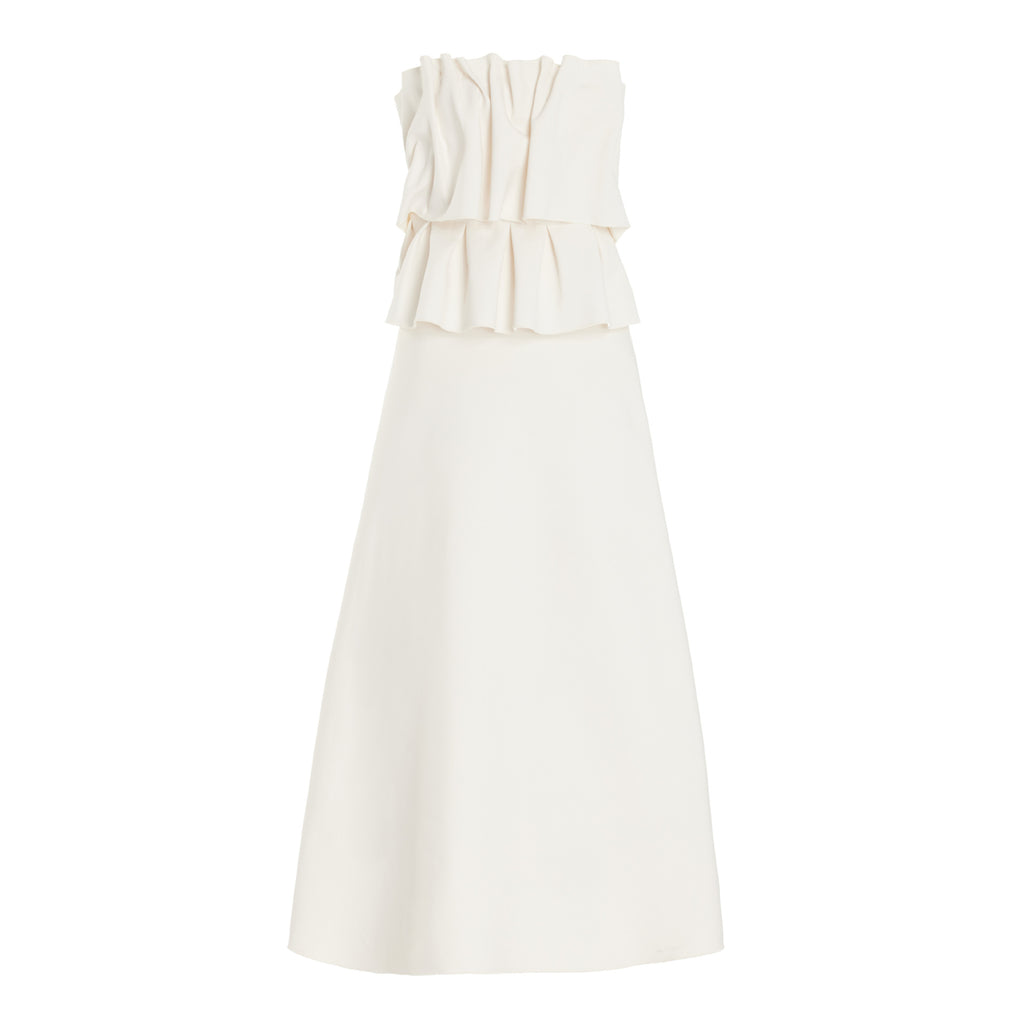 White Pleated And Ruched Strapless Maxi Dress