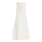 White Pleated And Ruched Strapless Maxi Dress