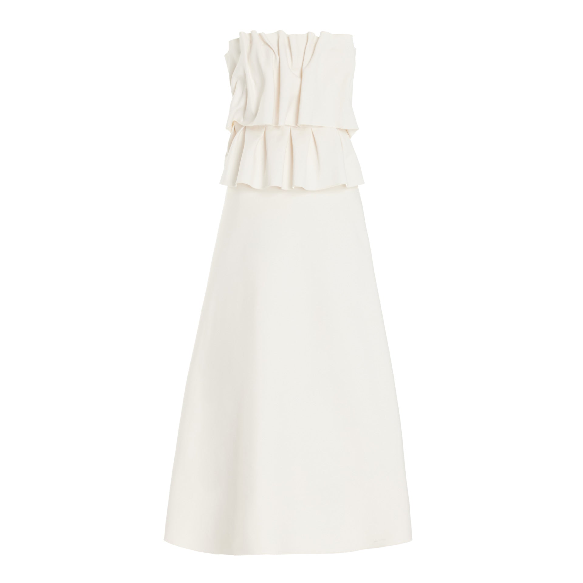 White Pleated And Ruched Strapless Maxi Dress