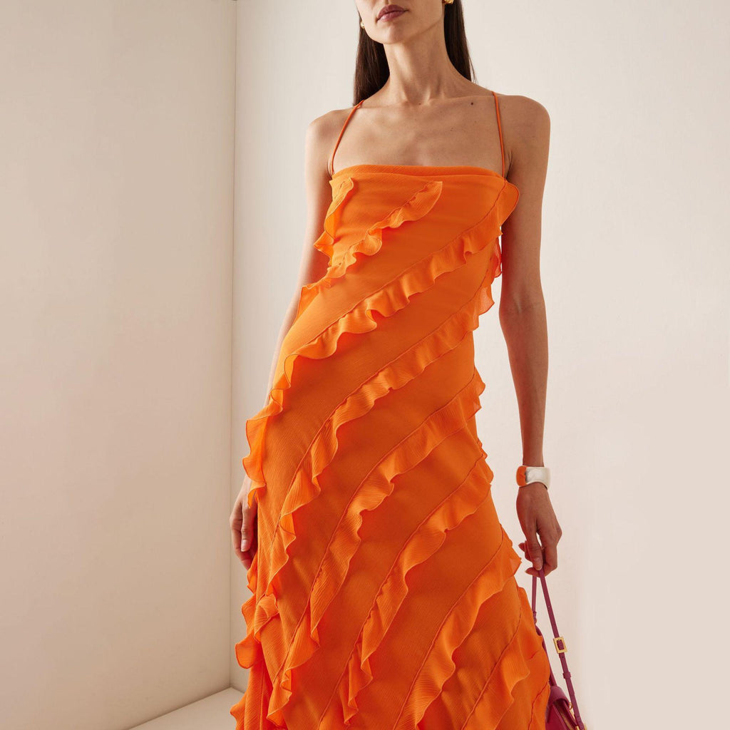 Ruffled Halter Dress With A Ruffled Slit