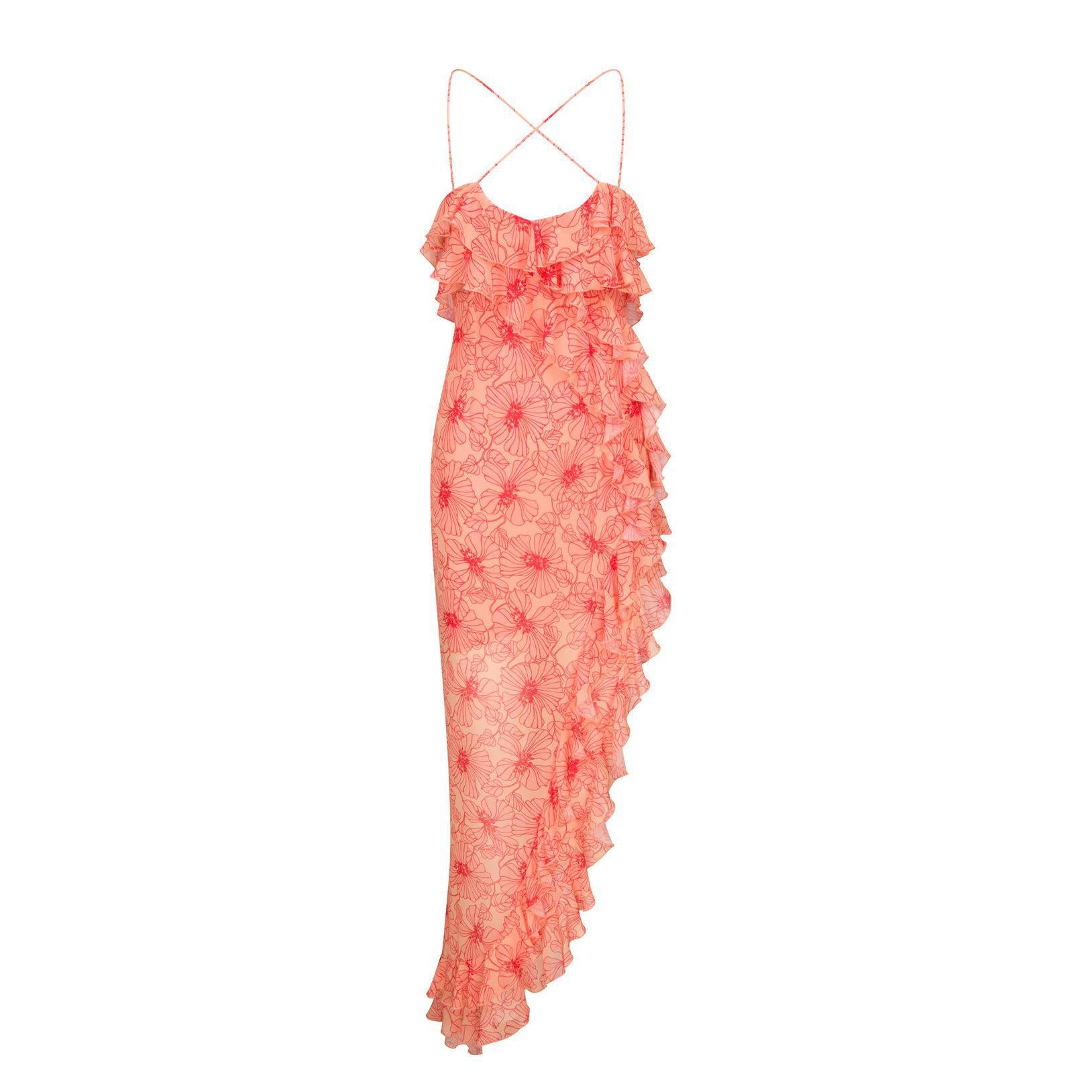 Chiffon Floral Maxi Dress With Ruffled Trim