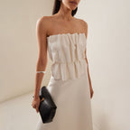 White Pleated And Ruched Strapless Maxi Dress