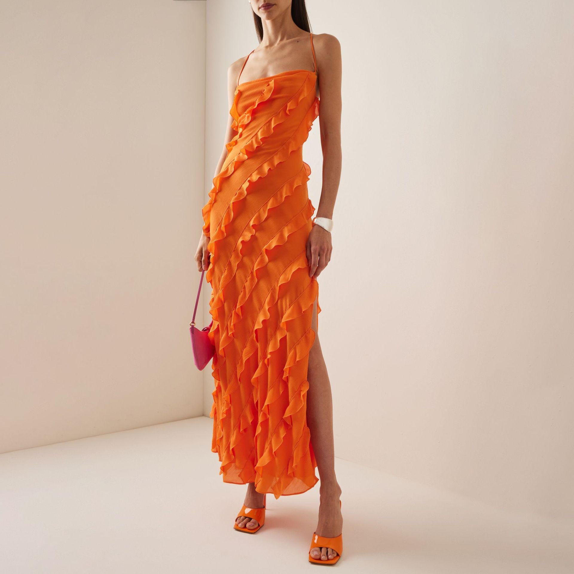 Ruffled Halter Dress With A Ruffled Slit