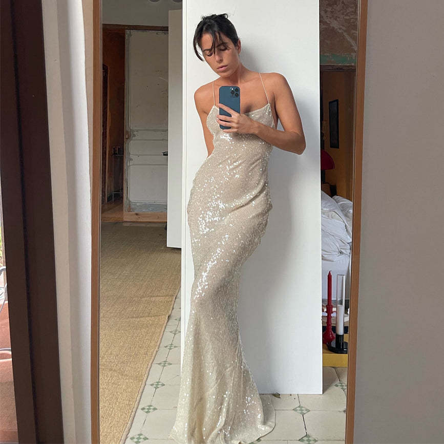 Backless Halter Dress Sequined Dress