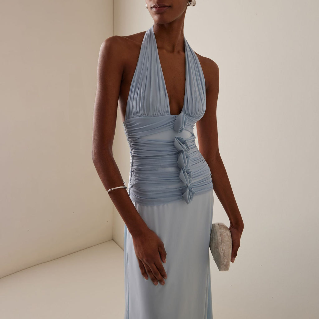 Deep V-Neck Backless 3d Floral Maxi Dress