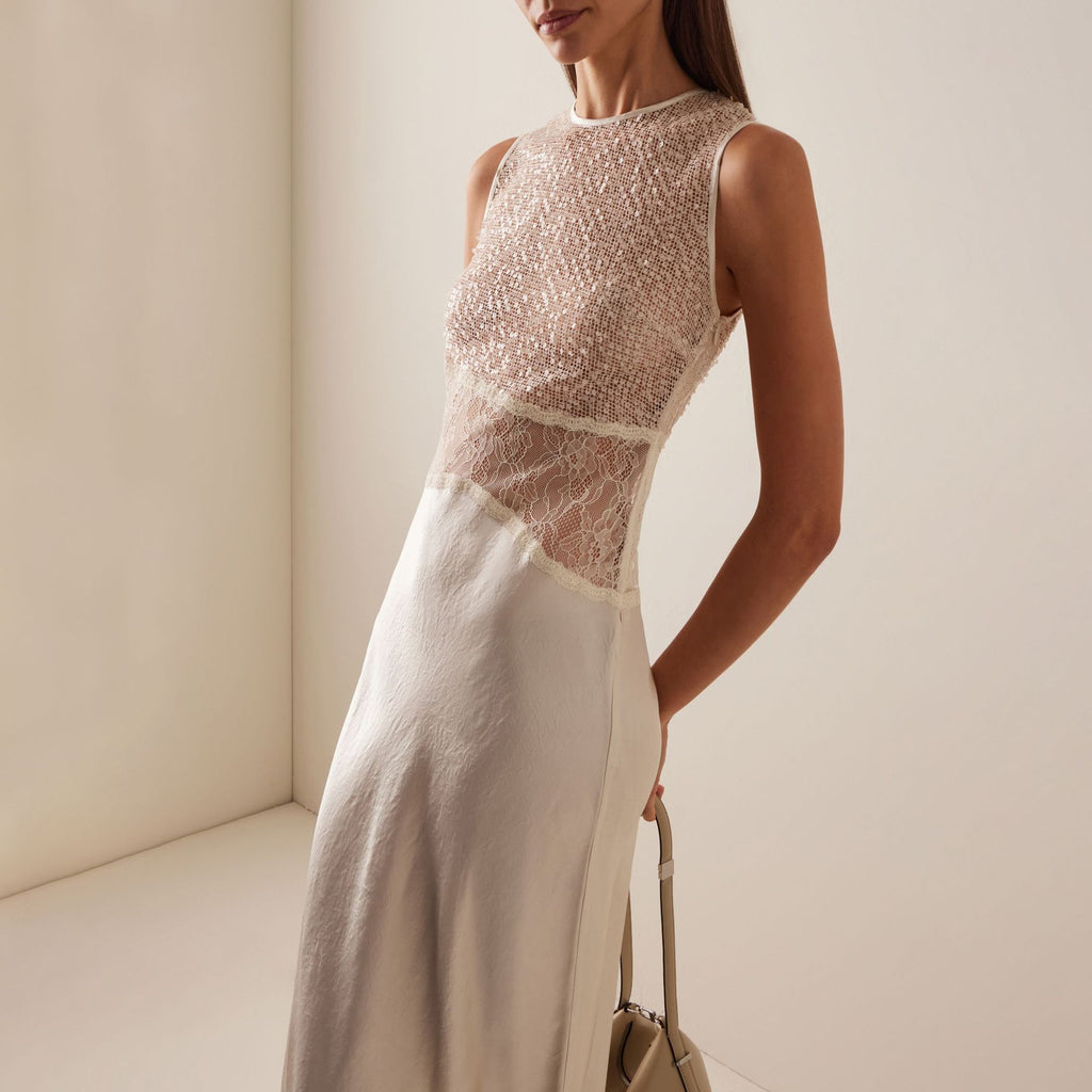 Irregular Cutout Sheer Sequined Lace Dress