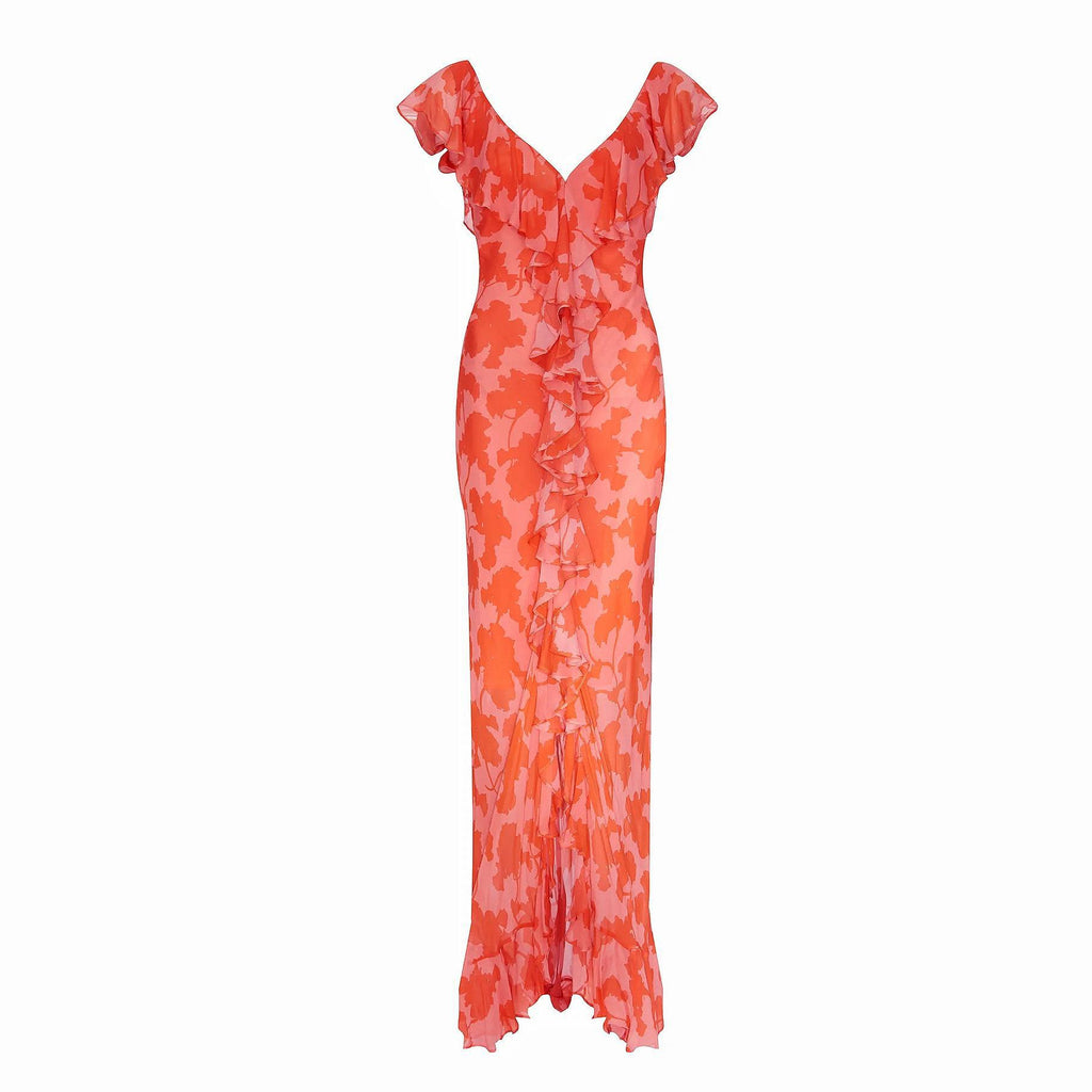 V-Neck Fitted Slit Dress With Irregular Ruffle Hem Long Skirt