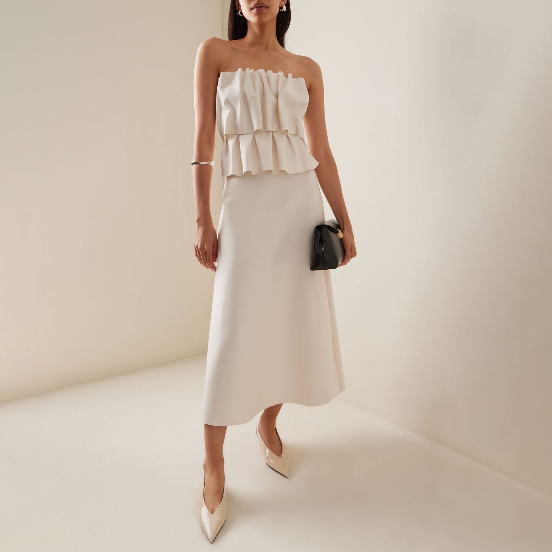 White Pleated And Ruched Strapless Maxi Dress