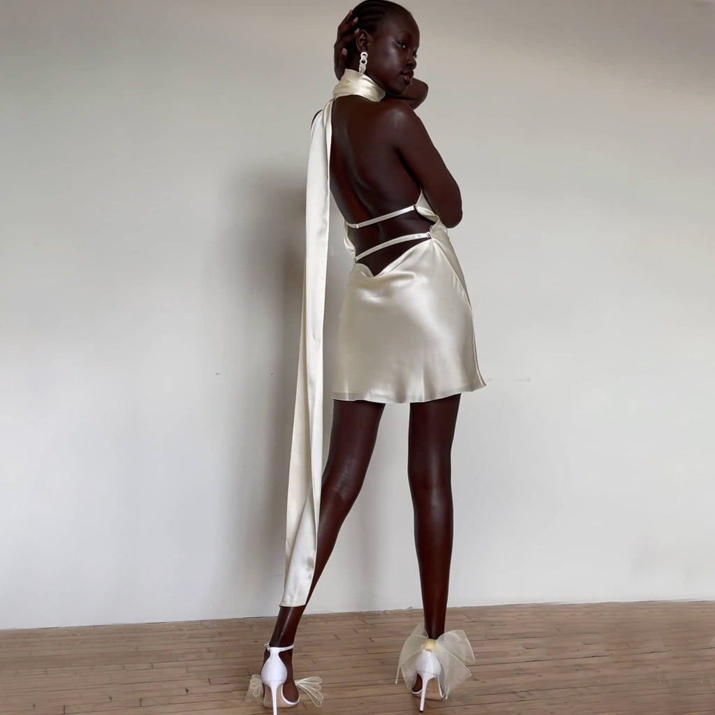 Backless Adjustable Halter Neck Satin Dress