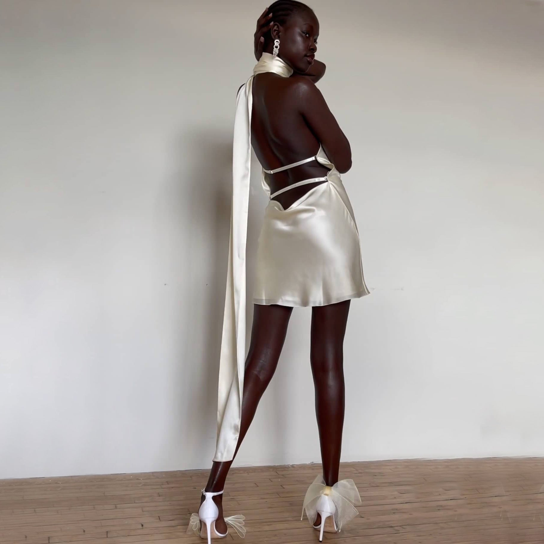 Backless Adjustable Halter Neck Satin Dress