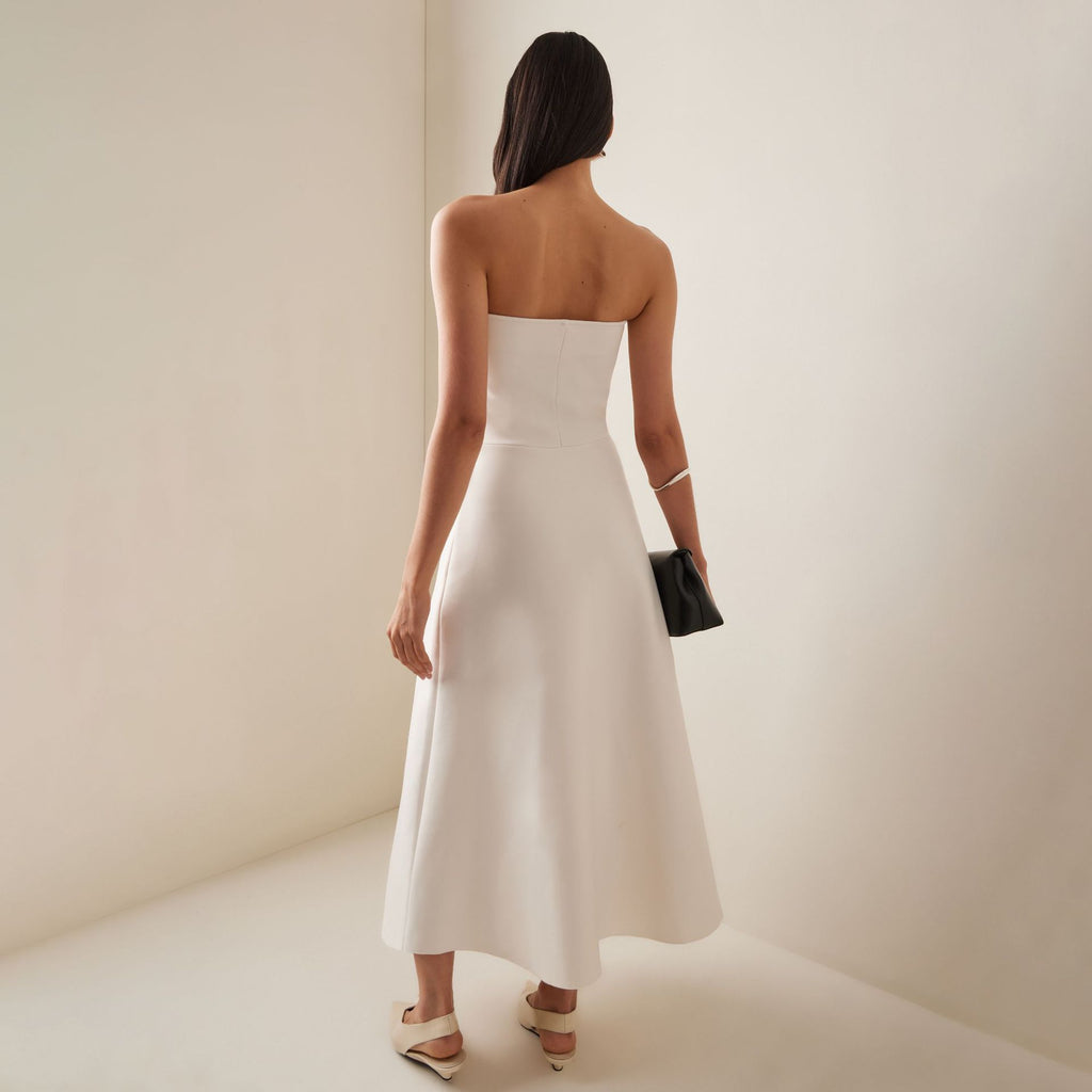 White Pleated And Ruched Strapless Maxi Dress