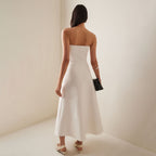 White Pleated And Ruched Strapless Maxi Dress