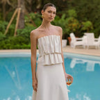 White Pleated And Ruched Strapless Maxi Dress